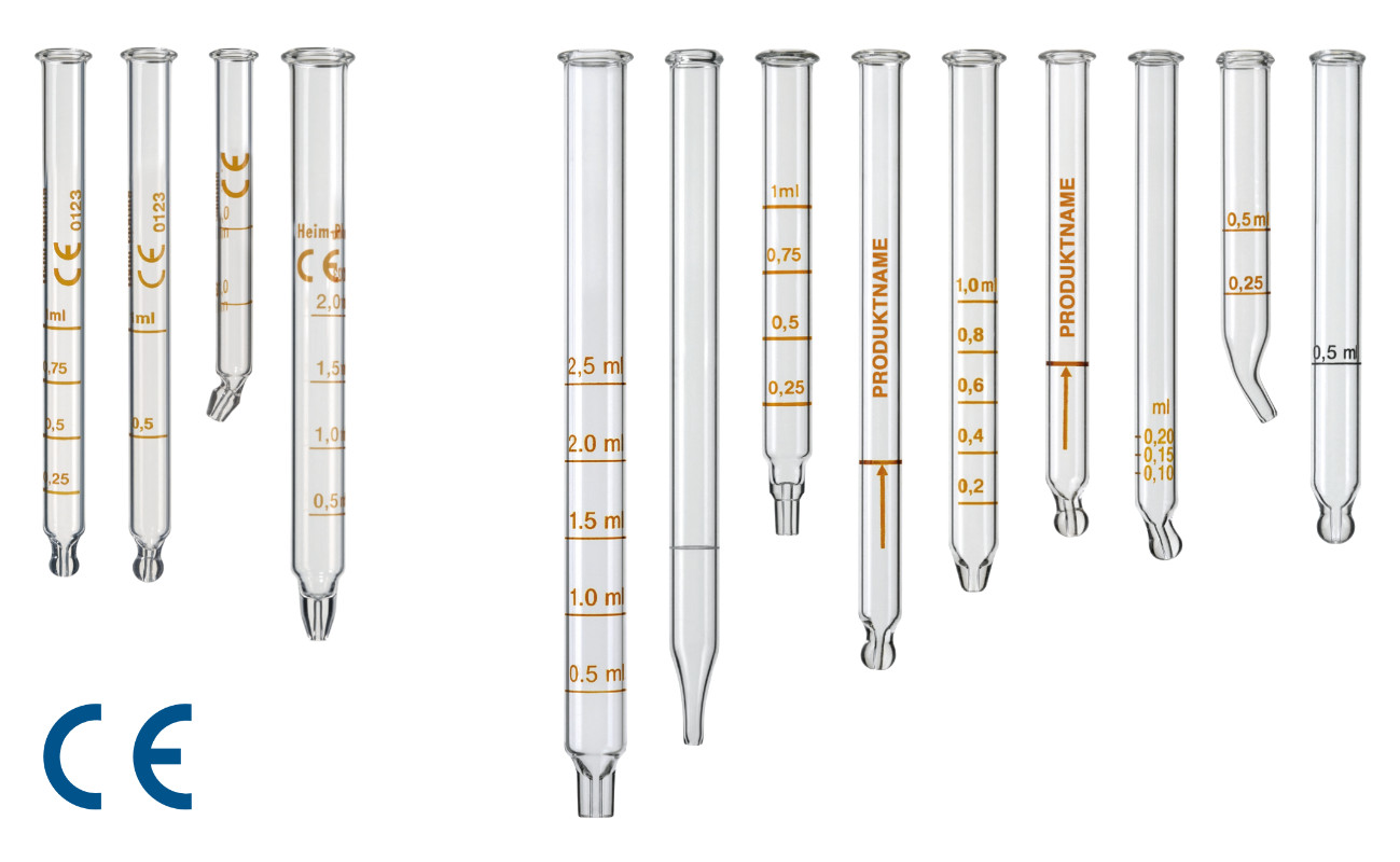 Glass pipettes graduations, normal and CE