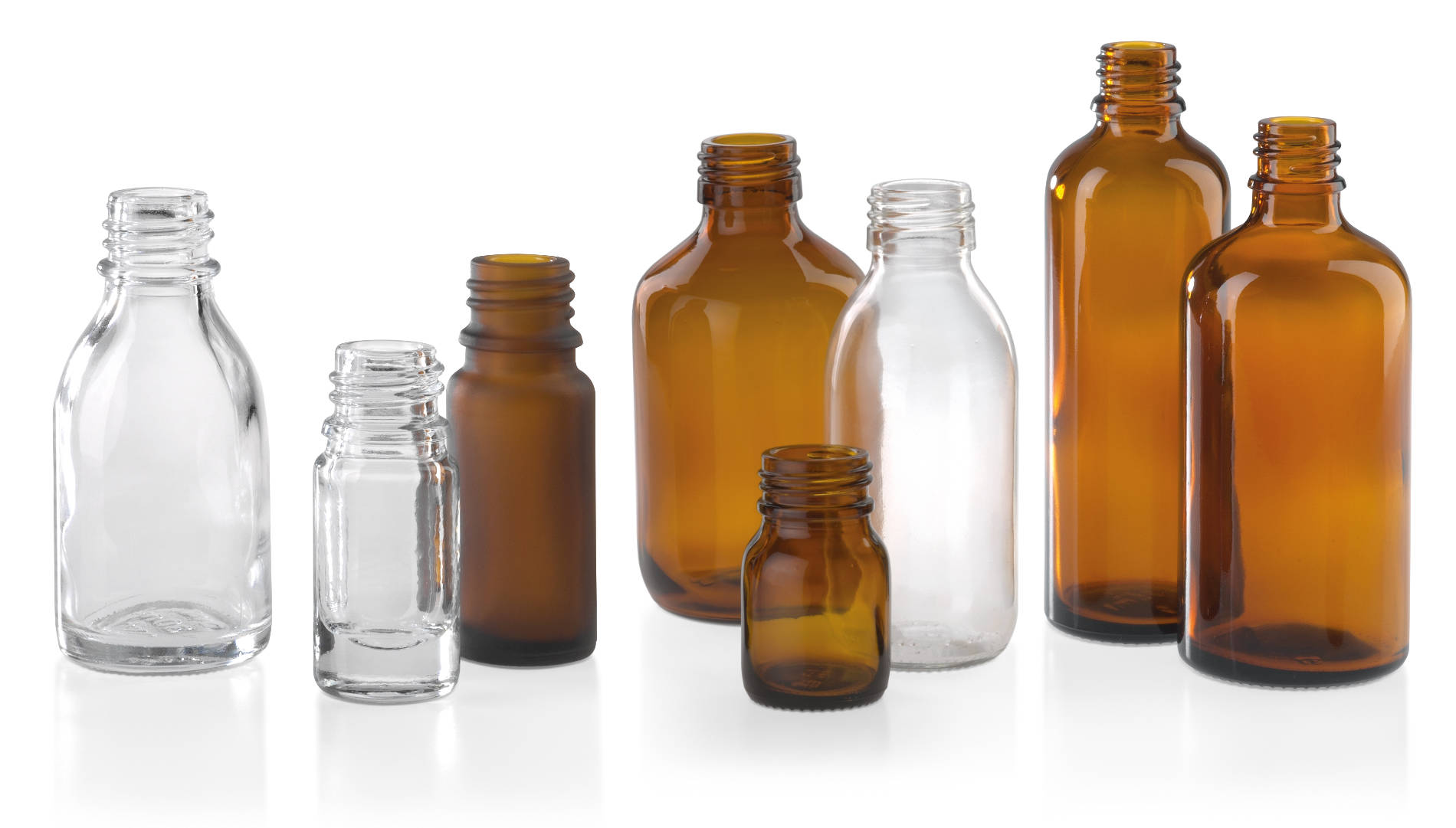 Blow-moulded bottles for pharmaceuticals, brown and clear