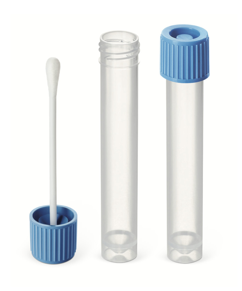 Test kit includes a screw cap tube and closure  with a special receptacle for inserting test swabs