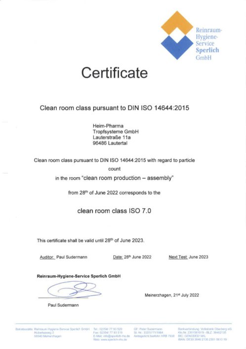 Certificate DIN ISO 14644 clean room production assambly