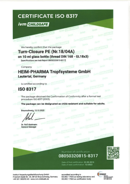 Certificate ISO 8317 childsave turn-closure
