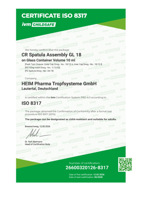 Certificate ISO 8317 Child-resistant spatula assembly GL 18