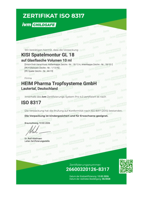 Zertifikat ISO 8317 kindersichere Spatelmontur GL 18 Zertifikat ISO 8317 kindersichere Spatelmontur GL 18