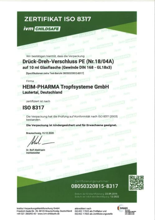 Zertifikat ISO 8317 kindersicherer Drück-Dreh-Verschluss