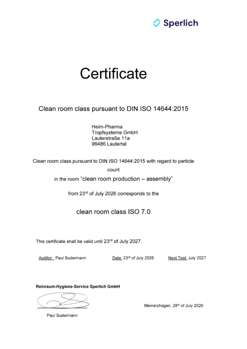 Certificate DIN ISO 14644 clean room production – assembly Certificate DIN ISO 14644 clean room production - assembly