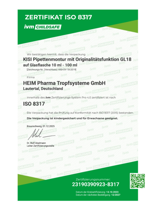 Zertifikat ISO 8317 kindersichere PIpettenmontur