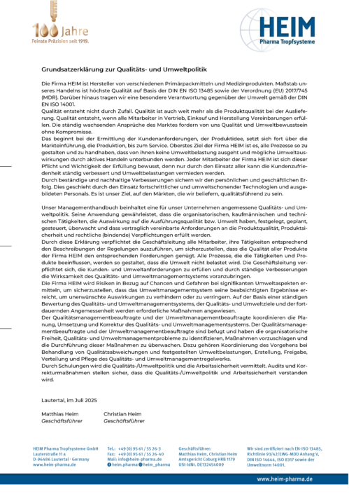 Grundsatzerklärung zur Qualitäts- und Umweltpolitik
