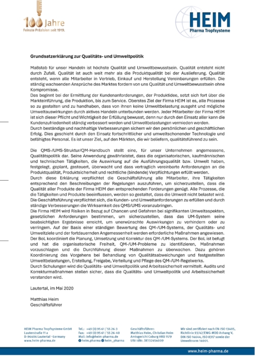 Grundsatzerklärung zur Qualitäts- und Umweltpolitik